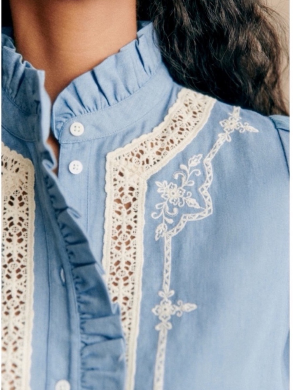 SEZANE Blue Ecru Lace Embroidered High Collar Button Down Chambray Ulysse Shirt - Picture 7 of 16